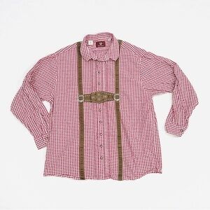Trachten German Oktoberfest Red Checkered Long Sleeve Button Down Shirt